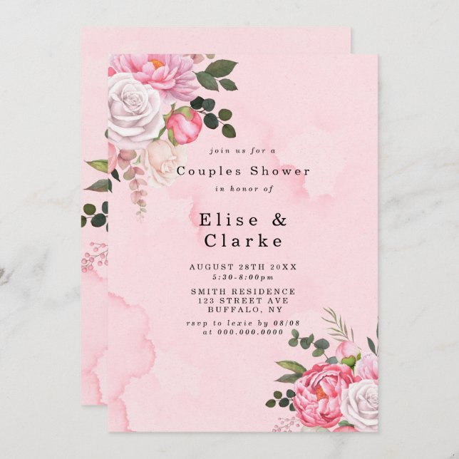 Pastel Blush Pink White Peony Couple Shower Invite (Front/Back)