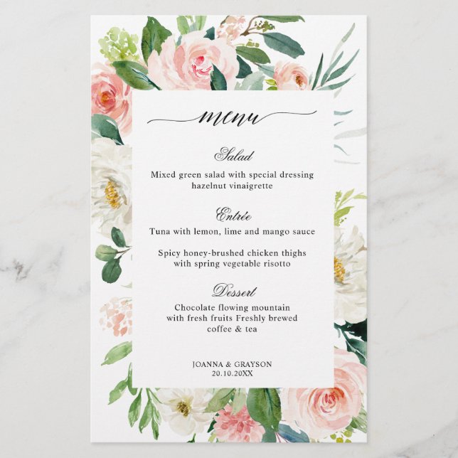 Pastel Blush Pretty Floral Botanical Wedding Menu (Front)