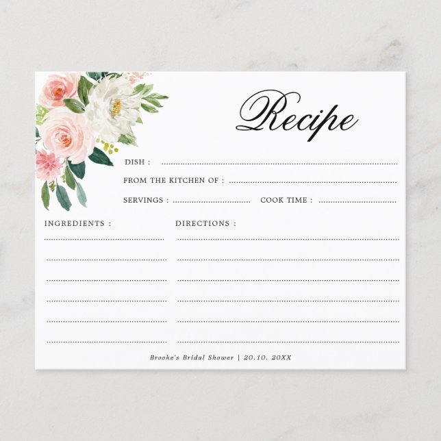 Pastel Blush Pretty Pink Botanical Recipe Card (Front)