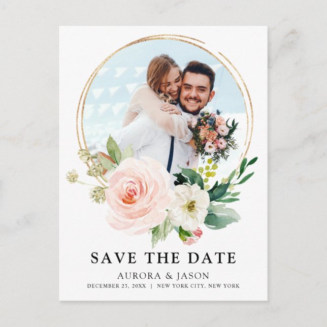 Pastel Blush Pretty Pink Botanical Save the Date P Postcard (Front)