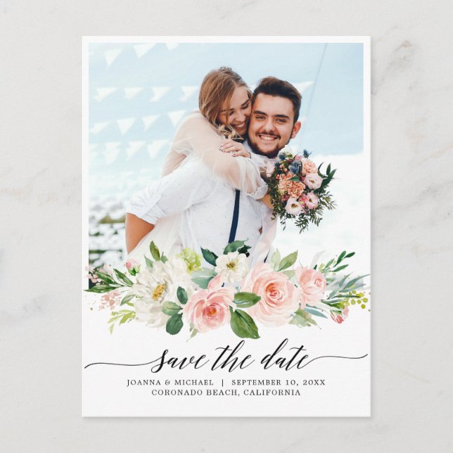 Pastel Blush Pretty Pink Botanical Save the Date Postcard (Front)
