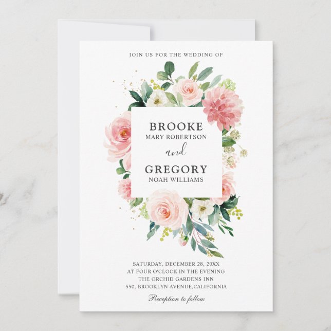 Pastel Blush Pretty Pink Floral Botanical Wedding Invitation (Front)