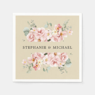 Pastel Blush Rose Floral Botanical Wedding  Napkin