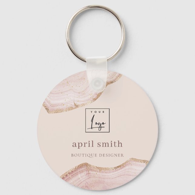  Pastel Blush Rose Gold Agate Marble Texture Logo Key Ring (Front)