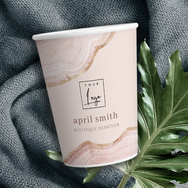  Pastel Blush Rose Gold Agate Marble Texture Logo Paper Cups (Creator Uploaded)