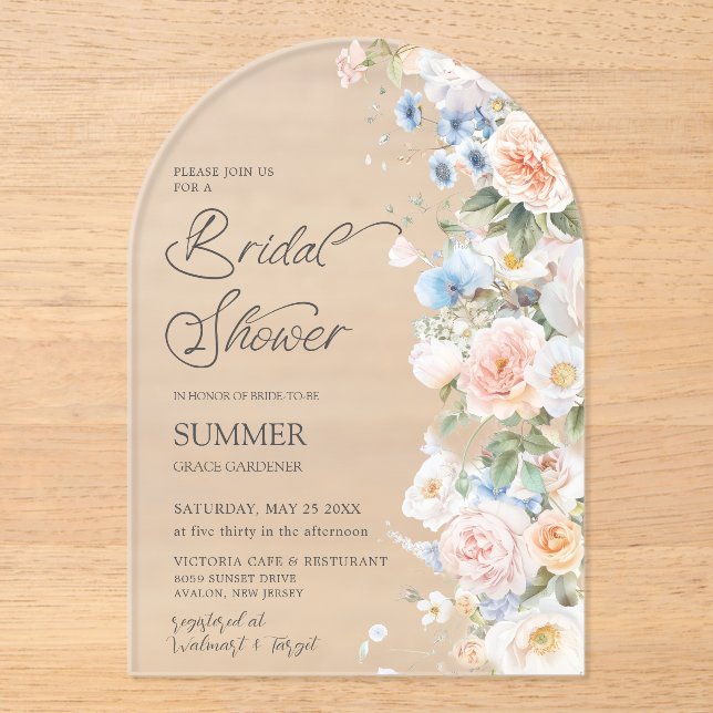  Pastel Blush White Blue Floral Bridal Shower Arch Acrylic Invitations (Front)