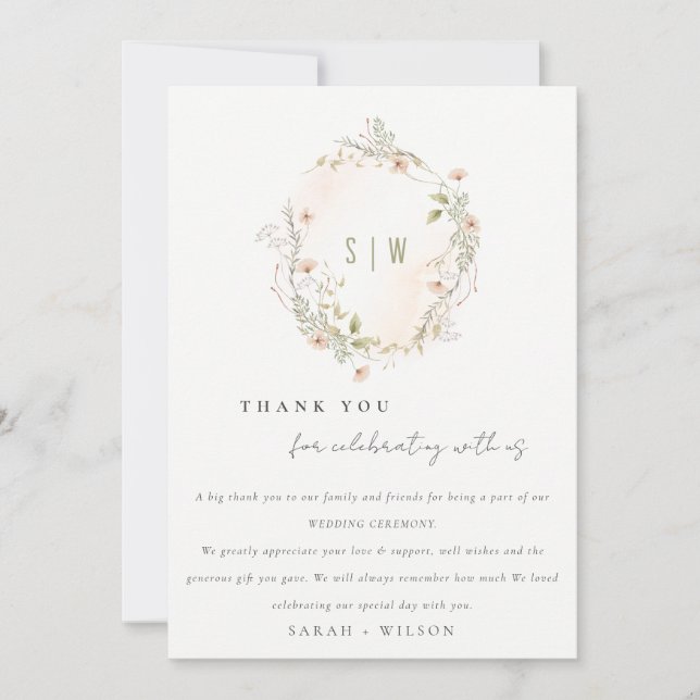 Pastel Blush Wildflower Floral Wreath Wedding Thank You Card (Front)