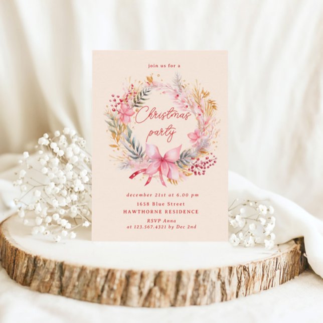 Pastel Blush Wreath Christmas Party Invitation (Creator Uploaded)
