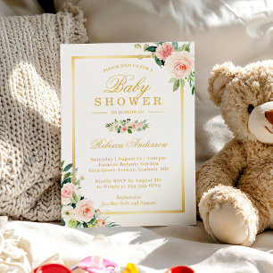 Pastel Blushing Pink Floral Gold Girl Baby Shower Invitation