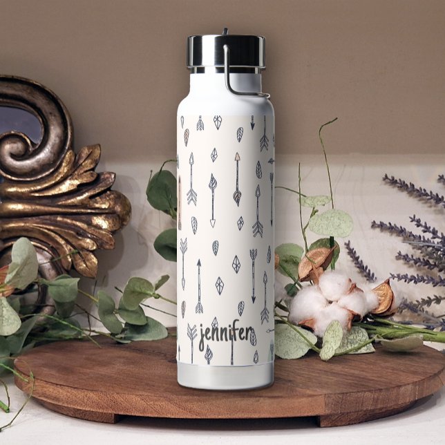 Pastel Boho Arrows Feathers Add Name Water Bottle (Creator Uploaded)