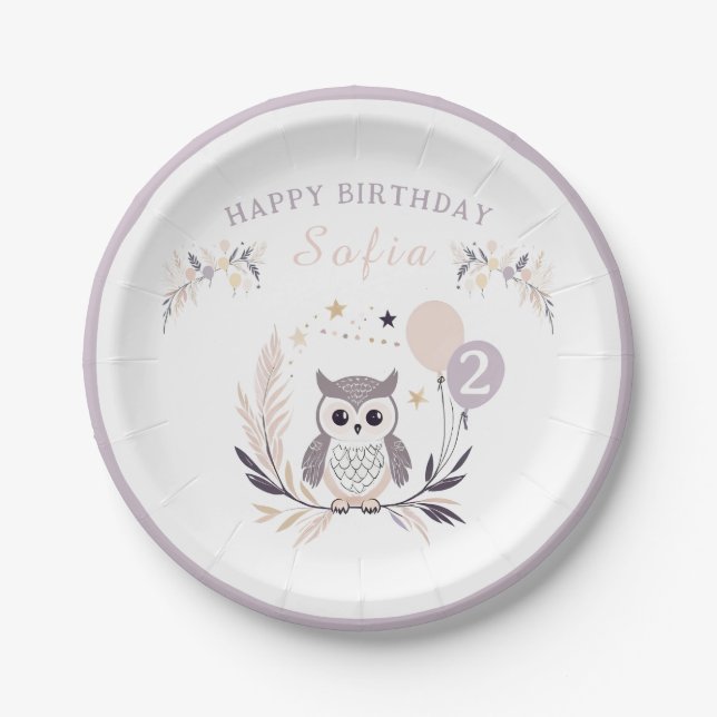 Pastel Boho Baby Owl and Balloons Birthday  Paper Plate (Front)