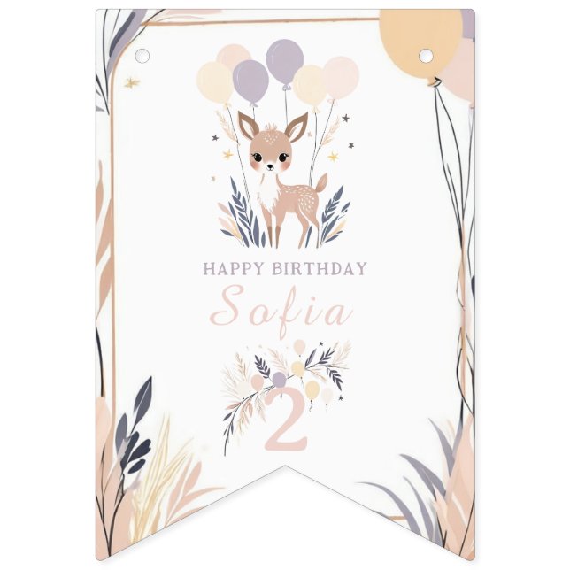 Pastel Boho Fawn and Balloons Birthday Bunting (First Flag)