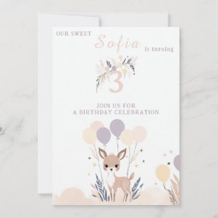 Pastel Boho Fawn and Balloons Birthday Invitation