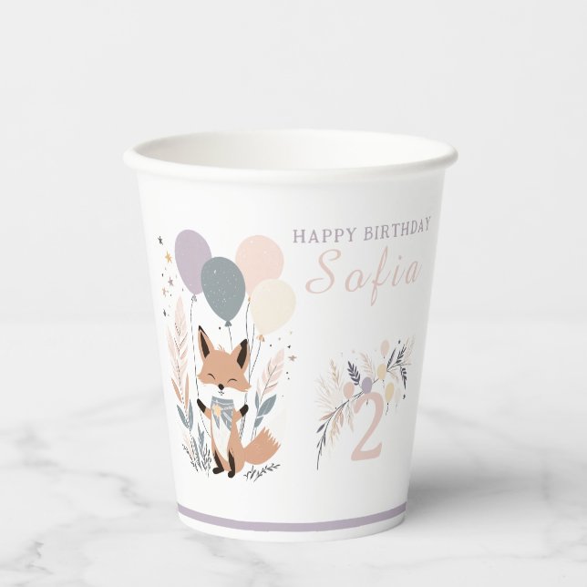 Pastel Boho Fox and Balloons Birthday Paper Cups (Front)