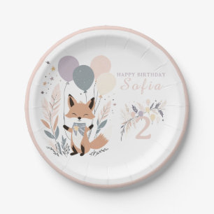 Pastel Boho Fox and Balloons Birthday Paper Plate