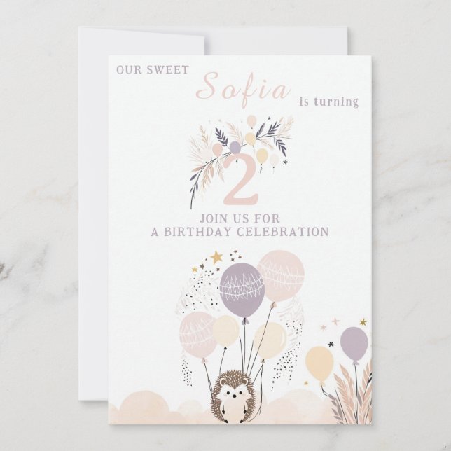 Pastel Boho Hedgehog and Balloons Birthday Invitation (Front)