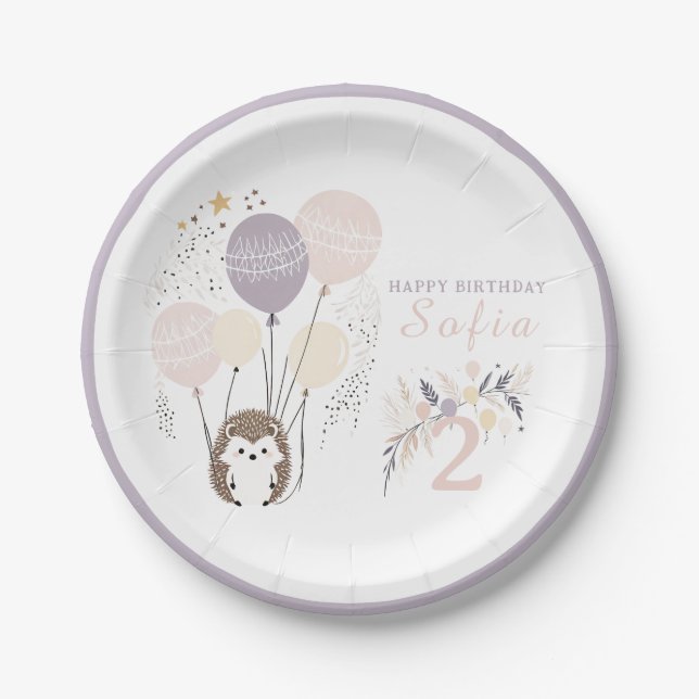 Pastel Boho Hedgehog and Balloons Birthday Paper Plate (Front)