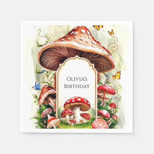 Pastel Boho Mushroom Birthday Napkin (Front)