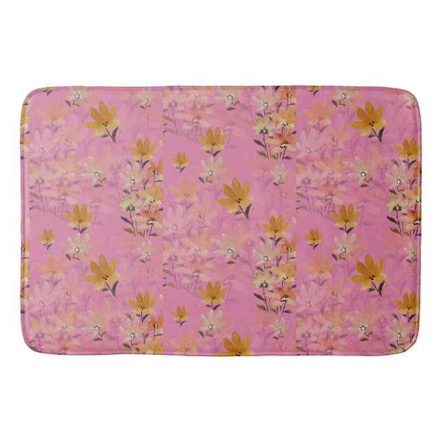 Pastel Boho Mustard Pink Wildflowers Bath Mat (Front)