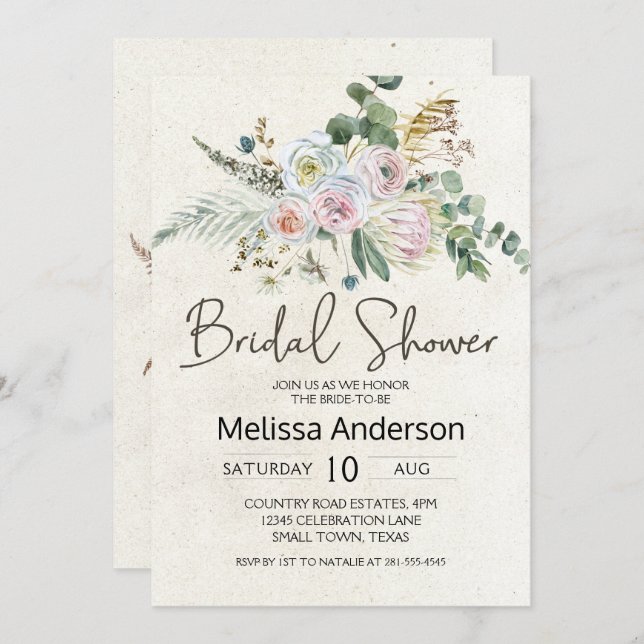 Pastel Boho Neutral Floral Elegant Bridal Shower (Front/Back)