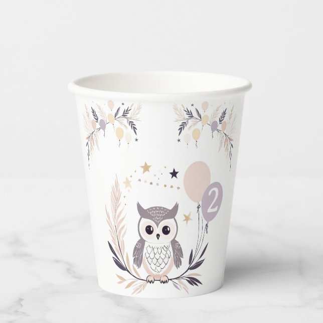 Pastel Boho Owl and Balloons Birthday Paper Cups (Front)