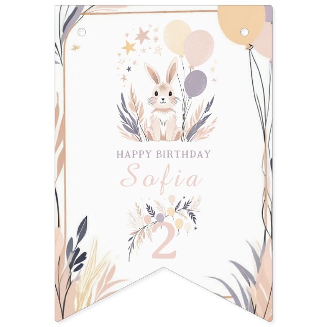 Pastel Boho Rabbit and Balloons Birthday Bunting (First Flag)