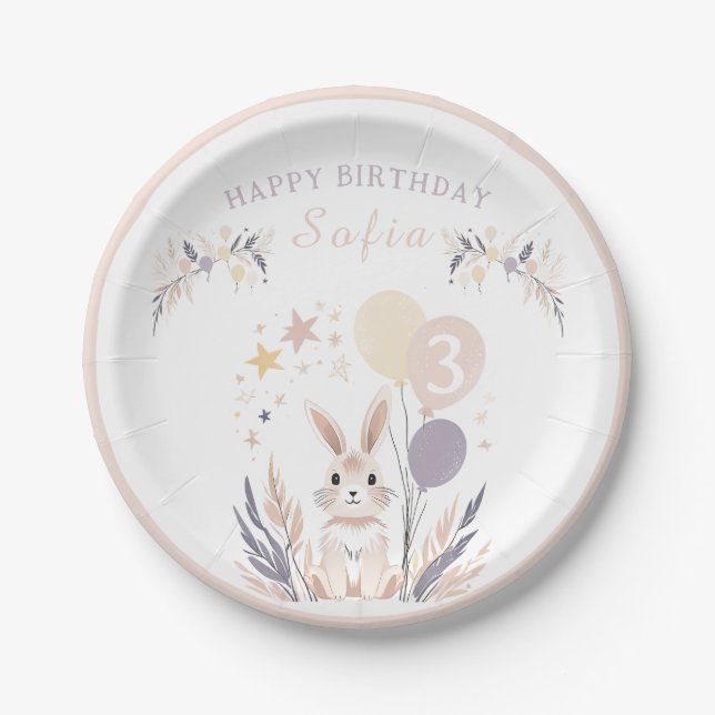 Pastel Boho Rabbit and Balloons Birthday  Paper Plate (Front)
