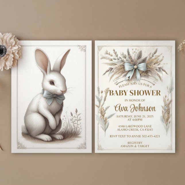 Pastel Boho Rabbit Invitation (An elegant spring bunny rabbit design with boho florals in pale blue, taupe and ivory. )