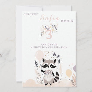Pastel Boho Racoon and Balloons Birthday Invitation
