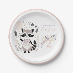 Pastel Boho Racoon and Balloons Birthday Paper Plate