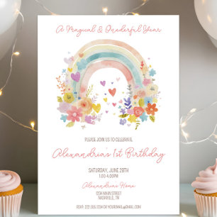 Pastel Boho Rainbow Floral 1st Birthday Invitation