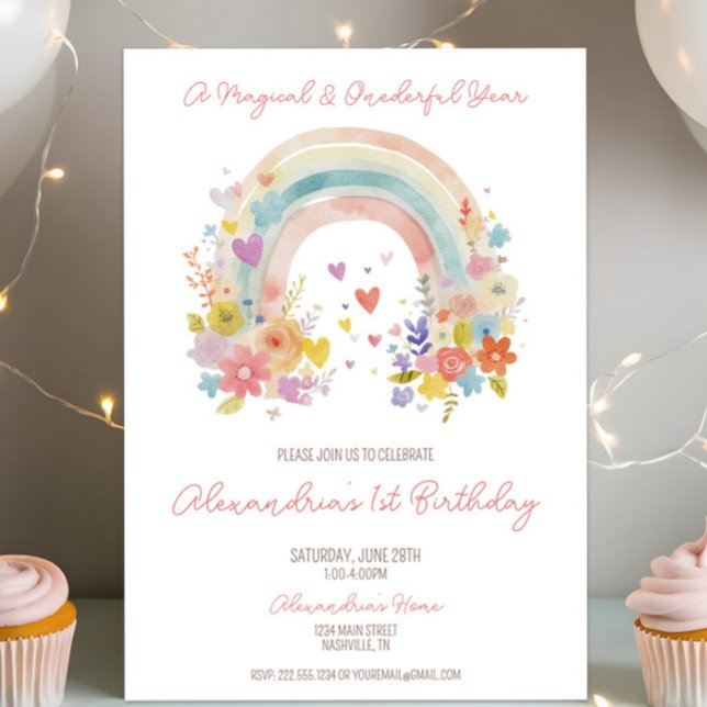 Pastel Boho Rainbow Floral 1st Birthday Invitation (Celebrate a magical, whimsical first birthday with a boho floral, pastel rainbow invitation! )