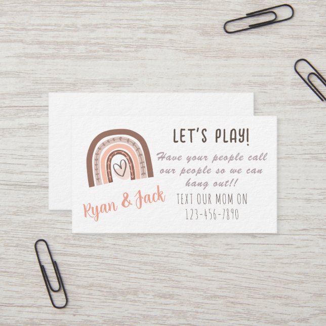 Pastel Boho Rainbow Kids Play Date Calling Card (Front/Back In Situ)