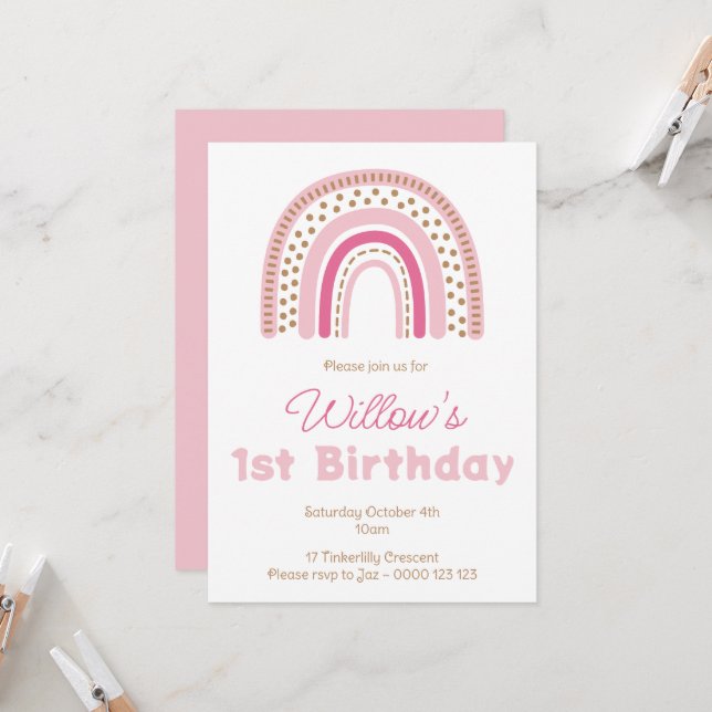 Pastel Boho Rainbow Minimalist Girl 1st Birthday Invitation (Front/Back In Situ)