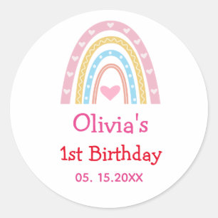 Pastel Boho Rainbow with hearts  birthday party  Classic Round Sticker