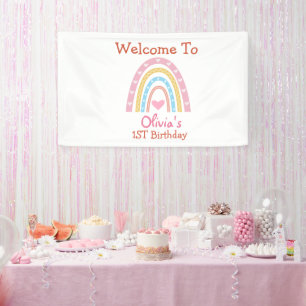Pastel Boho Rainbow With Hearts birthday Welcome  Banner