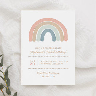 Pastel Boho Watercolor Rainbow Girl Birthday Party Invitation