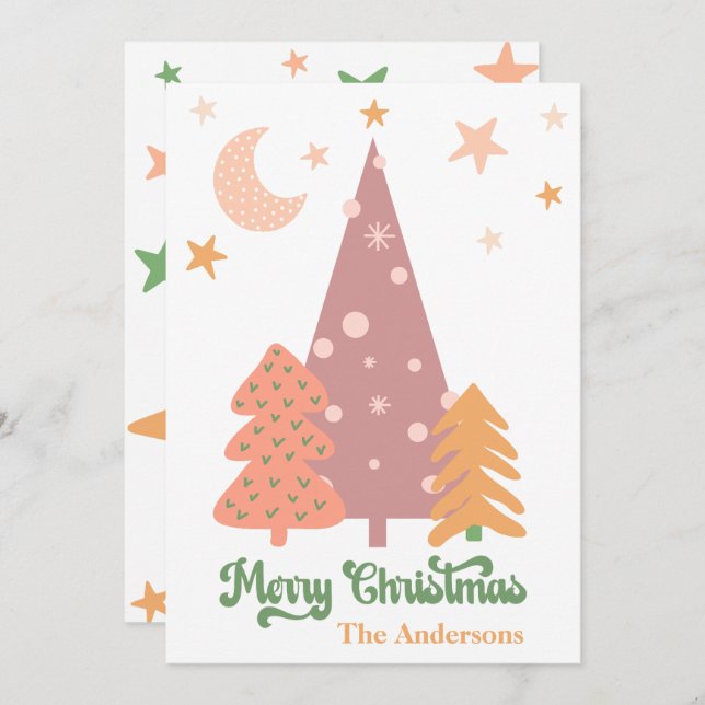 Pastel BOHO Xmas Trees Merry Christmas Holiday Card (Front/Back)