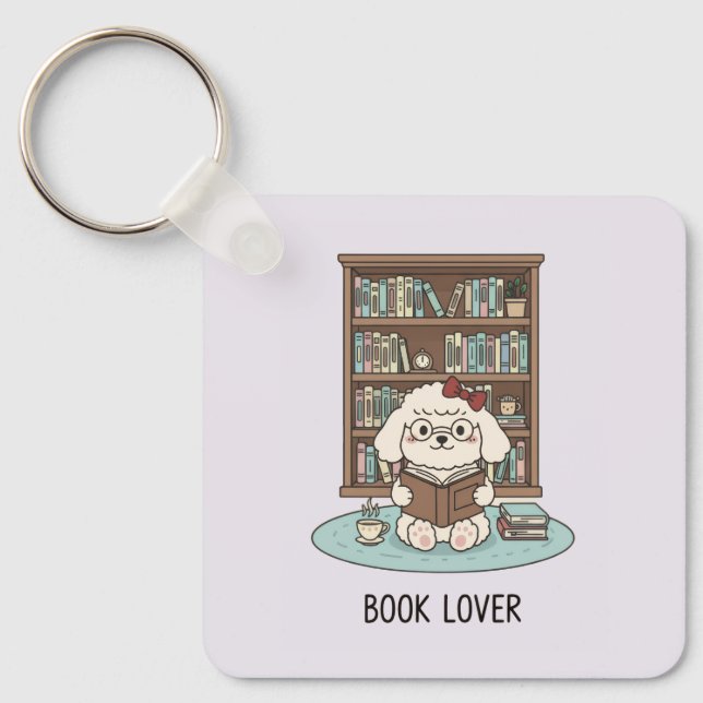 Pastel Book Lover Poodle Puppy Dog Tea Cozy Key Ring (Front)