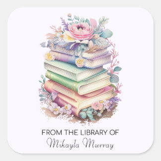 Pastel Books & Flowers Personalised Bookplates Square Sticker