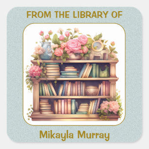 Pastel Books, Pink Flowers, Shelf Bookplate Square Sticker