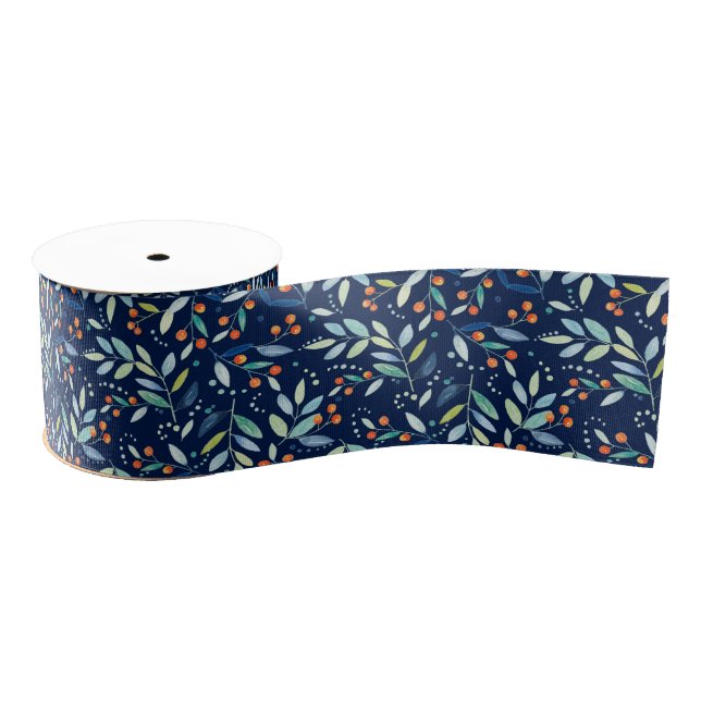 Pastel Botanical Leafs Pattern On Dark Blue Grosgrain Ribbon (Spool)