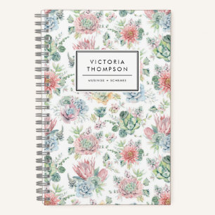 Pastel Botanical Watercolor Succulents Pattern Notebook