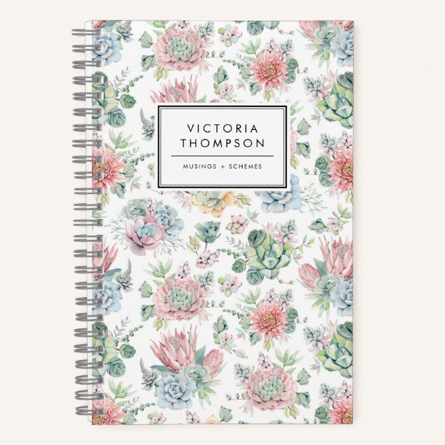 Pastel Botanical Watercolor Succulents Pattern Notebook (Front)