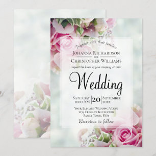 Pastel Bouquet Pink Roses & Peony Buds Wedding Invitation