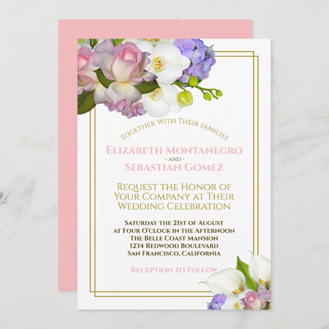 Pastel Bouquet Spring Floral Gold and Pink Wedding Invitation (Front/Back)