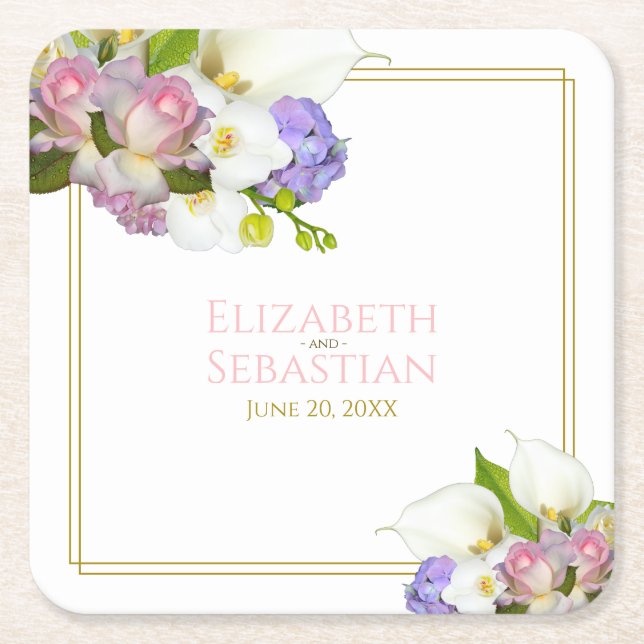 Pastel Bouquet Spring Floral Pink & Gold Wedding Square Paper Coaster (Front)