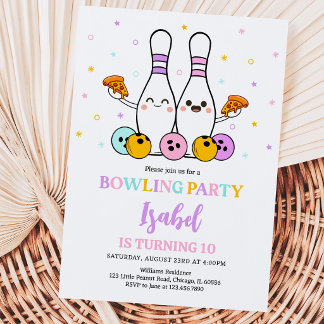 Pastel Bowling and Pizza Birthday Party Invitation