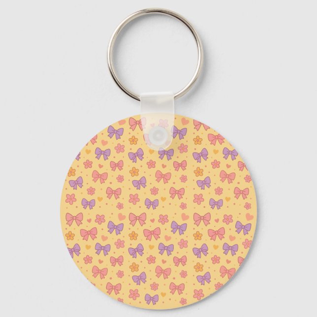 Pastel Bows & Flowers Pattern – Cute Yellow Girly  Key Ring (Front)