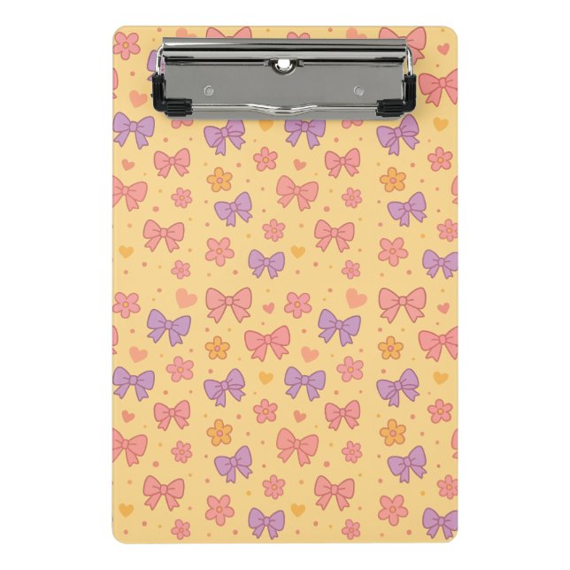 Pastel Bows & Flowers Pattern – Cute Yellow Girly Mini Clipboard (Front)